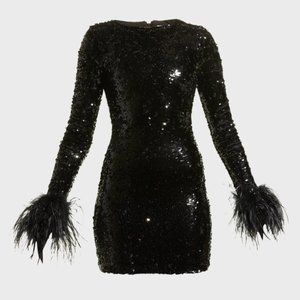 Alice + Olivia Delora Sequin Mini Dress with Feather Cuffs